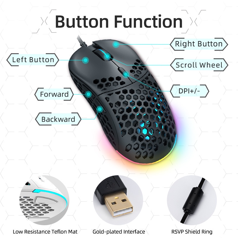Chuột chơi Game RGB PMW3389 16000DPI 60G có đèn Led dây cáp dài 150cm