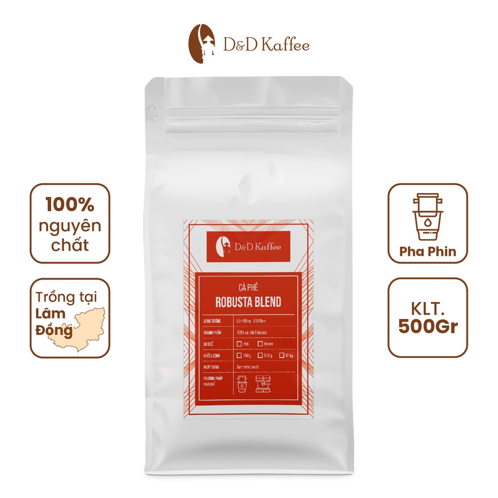 Bộ 2 Gói 500gr Cà phê Robusta Blend, Cà phê nguyên chất 100% rang mộc - D&amp;D Kaffee [Tặng 3 Gói Cà phê Phin Giấy]