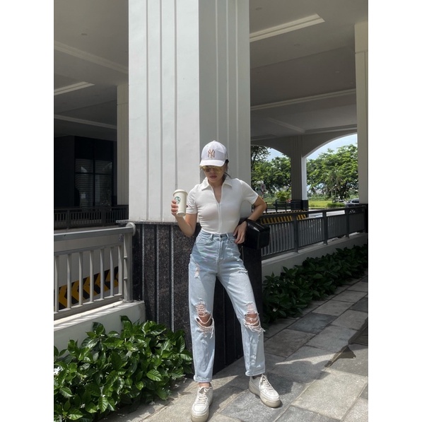 Ảnh thật/Có sẵn Áo cộc tay bodysuit có cúc bấm cố định trắng | BigBuy360 - bigbuy360.vn