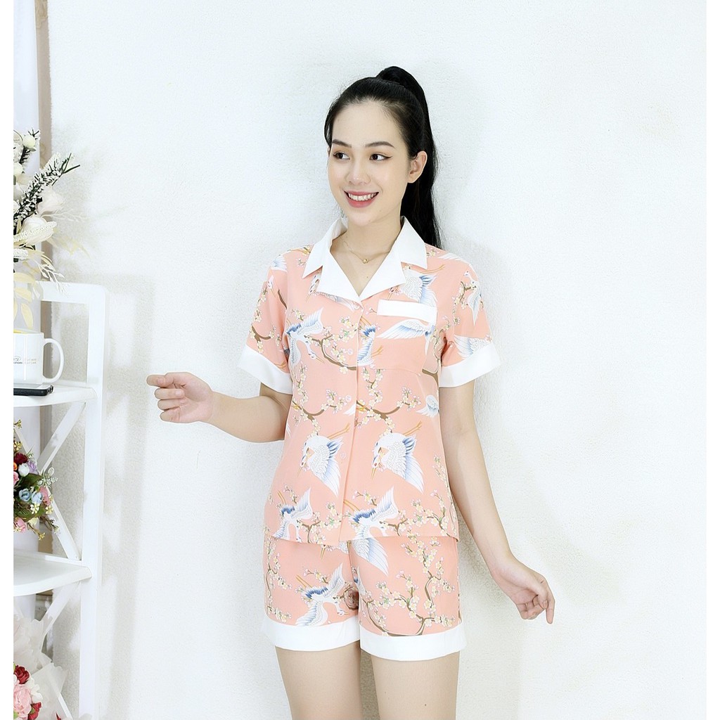 [HÌNH THẬT] Bộ đồ Pijama ngắn mặc nhà CON CÒ HỒNG  PHA CỔ TRẮNG - Vải Siêu Lụa Cao Cấp - Mềm Mại Êm Ái