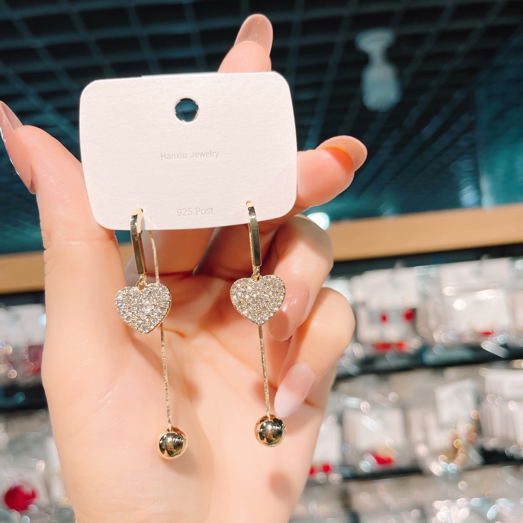 Bông Tai Mạ Bạc 925 Dát Kim Cương Hình Trái Tim Phối Tua Rua Lưng Ngọt Ngào Thời Trang 2022 Cho Nữ