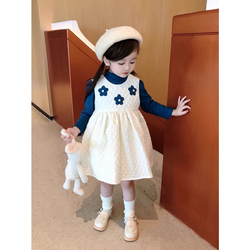 Set bộ áo thun tay dài cổ cao kèm váy xốp thêu hoa kiểu dáng hàn quốc cho bé gái từ 5-20kg