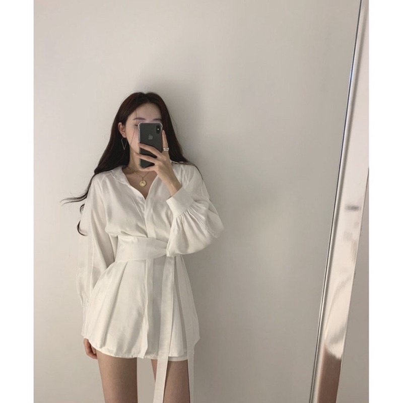Sét Váy Sơ Mi Buộc Eo Kèm Quần, Váy Ulzzang Nữ 2 Màu Đen Trắng