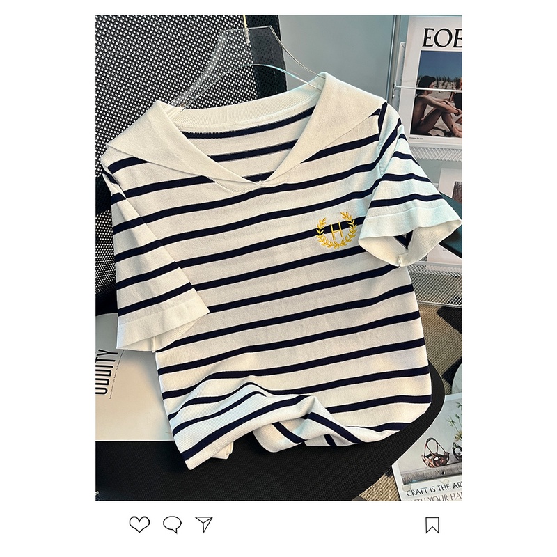 Áo Thun Dệt Kim Ngắn Tay Họa Tiết Kẻ Sọc Thời Trang Mùa Hè
