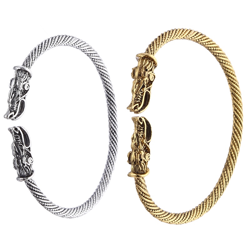 Vòng Tay Hở Hình Đầu Sói Viking Phong Cách Punk Cổ Điển Sáng Tạo Dành Cho Nam