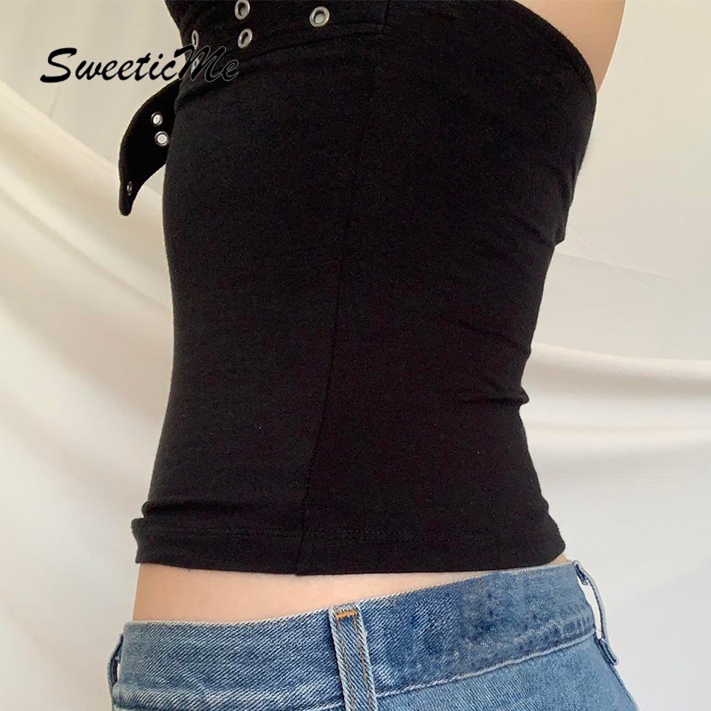 Áo Cổ Yếm Hở Lưng Phối Nút Kim Loại Thời Trang Đường Phố Sweeticme