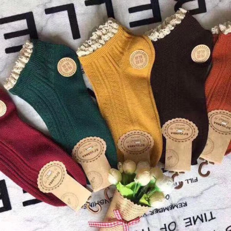 SET 5 ĐÔI.HOT. SIÊU RẺ ĐẸP  Tất nữ nhún cổ thấp,vớ nữ nhún cổ thấp viền bèo cực xinh,cotton phong cách vintage Hàn.
