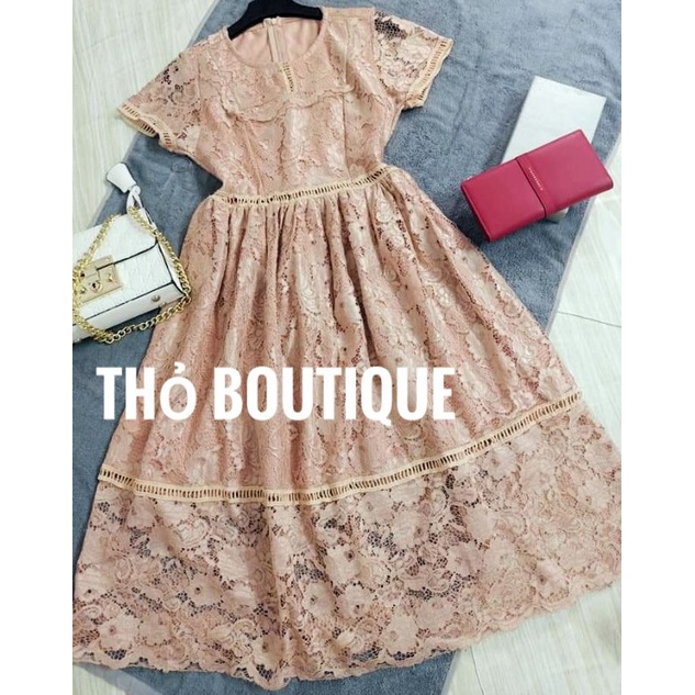 Đầm vintage midi xoè JINDNA ren hoa tay ngắn cổ tròn màu cam nude