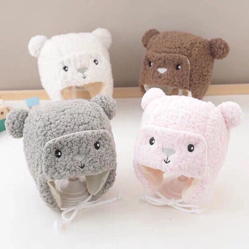 Mũ len lông cừu cho bé Happy Bear - Mũ lông cừu hình gấu cho bé