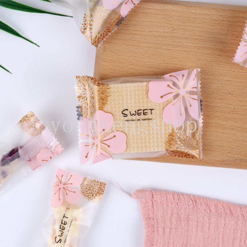 Set 100 / 200 Túi Opp Đựng Bánh Kẹo In Họa Tiết Hoa Anh Đào Xinh Xắn