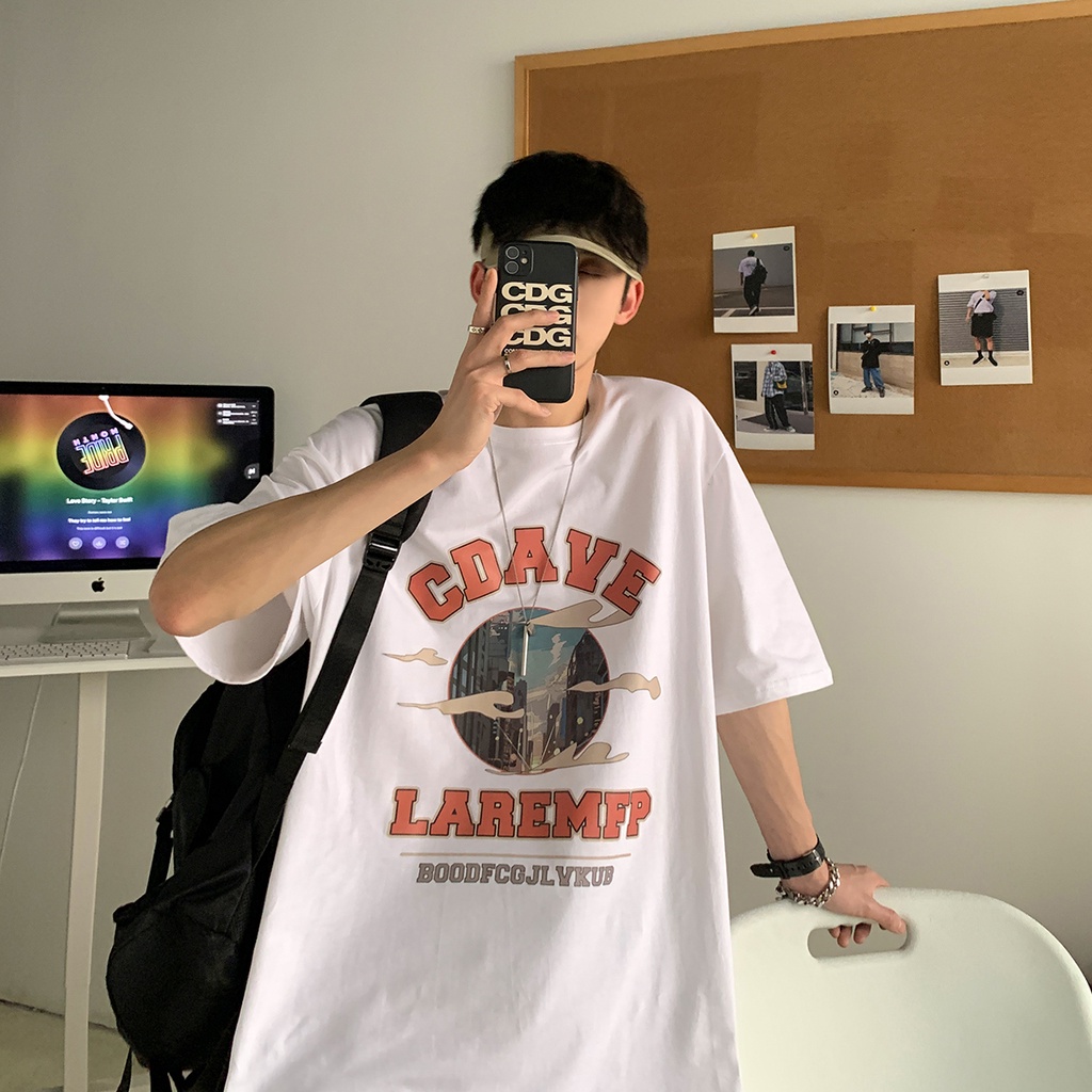 Áo thun tay ngắn cổ tròn dáng rộng in chữ phong cách đường phố Hàn Quốc cho nam size lớn S-8XL