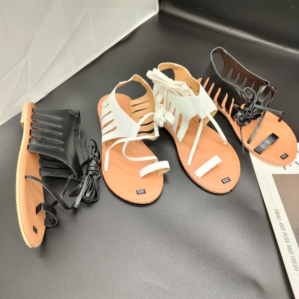 Sandal Chiến Binh Xỏ Ngón Dây Cột Nữ Đan Chéo Quấn Cao Cổ Chân Dây Dài Đi Chơi Đi Biển Đế Bằng