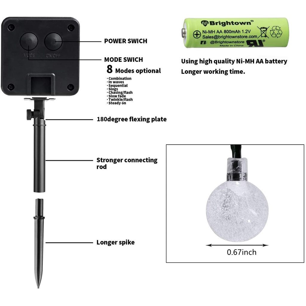 Dây đèn LED WELPUR 20/ 50/ 100 bóng 5m/ 7m/ 12m sử dụng năng lượng mặt trời chống thấm nước trang trí sân vườn