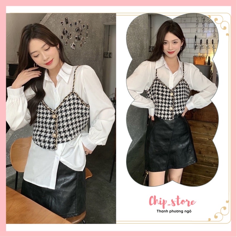 Set sơ mi kèm yếm kẻ 2 dây sang chảnh (set 2 chi tiết) hàng quảng châu