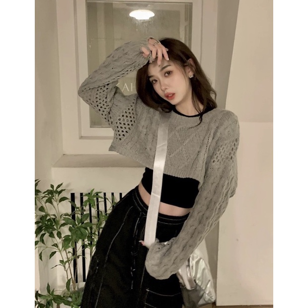 Áo croptop dệt kim tay dài cổ tròn phong cách hot trend siêu mới - hàng có sẵn
