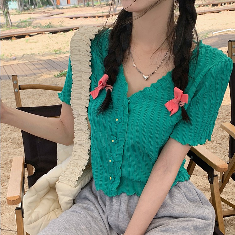 Áo Croptop Tay Ngắn Cổ Chữ V Màu Trơn Thời Trang Đáng Yêu Cho Nữ