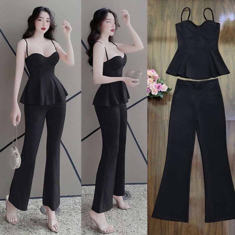 Set đồ nữ sang chảnh cá tính nguyên bộ áo cúp ngực 2 dây quần dài ống loe dây kéo trước TJ1159