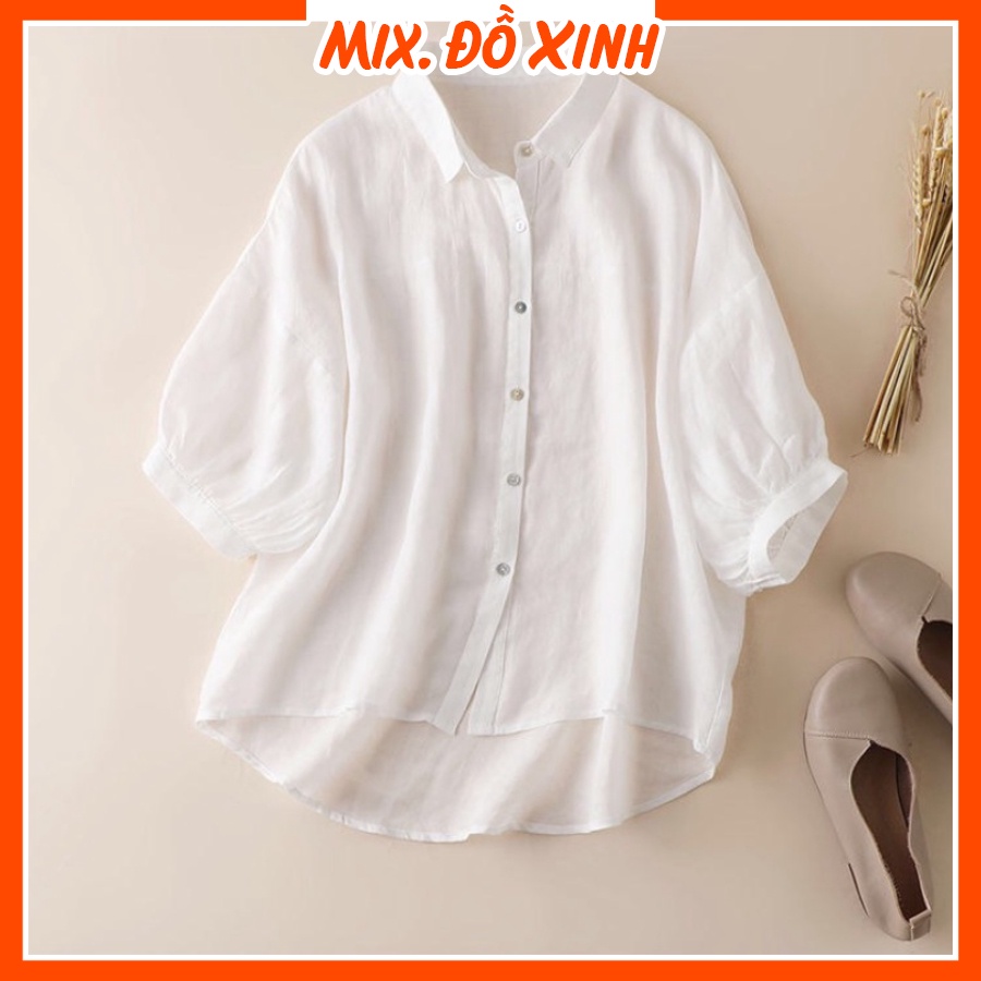 Áo sơ mi đũi nữ cổ đức tay lỡ Thu Hà, chất liệu mịn mát, form trẻ trung sang chảnh SMH.38