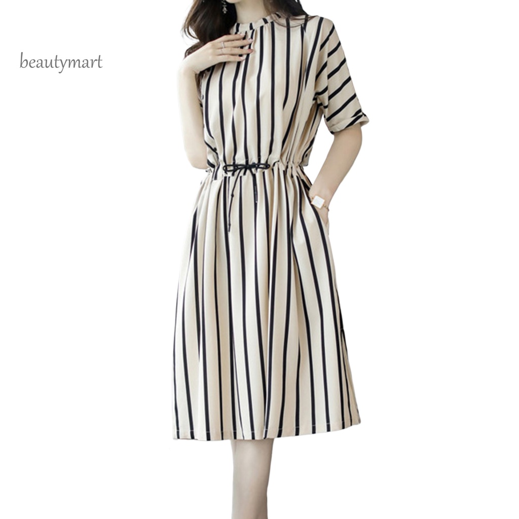 Đầm Dài Ngang Gối In Họa Tiết Sọc Đơn Giản Thoải Mái Thời Trang Mùa Hè Cho Nữ beautymartm1