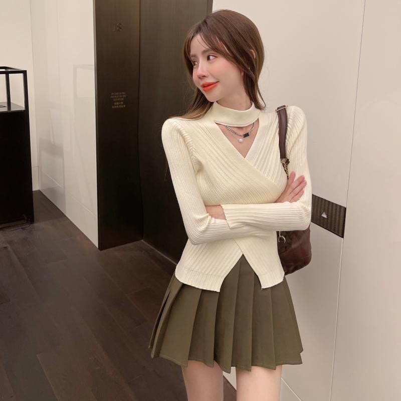 Áo croptop SUXI vải dệt kim tay dài màu trơn thời trang Hàn Quốc