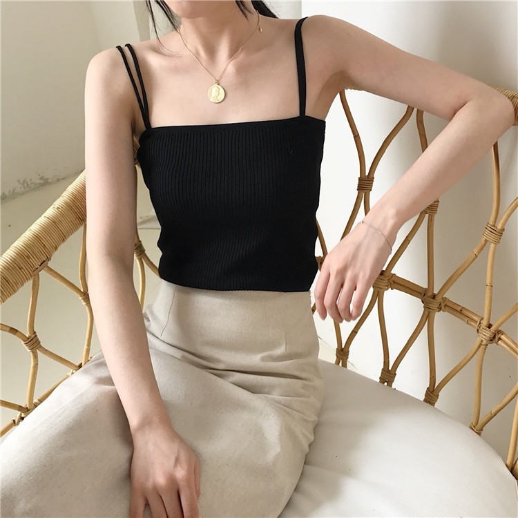 Áo 2 dây croptop Ami len tăm dây đôi sợi bún hot trend phong cách Hàn Quốc 2D01