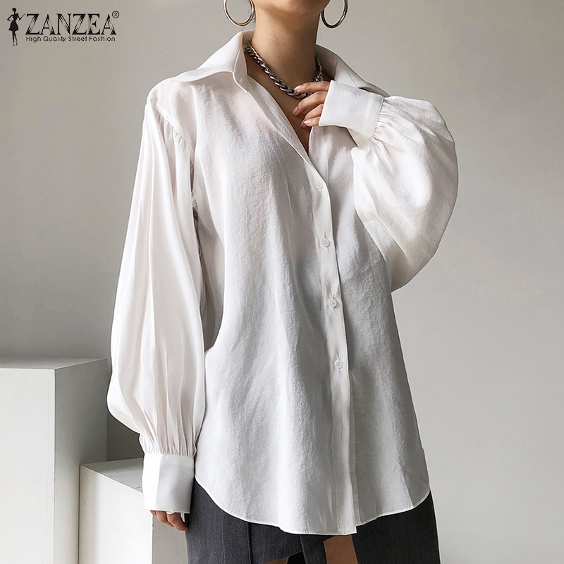 Áo sơ mi ZANZEA tay phồng dài cổ tay áo gài nút màu trơn vintage cho nữ