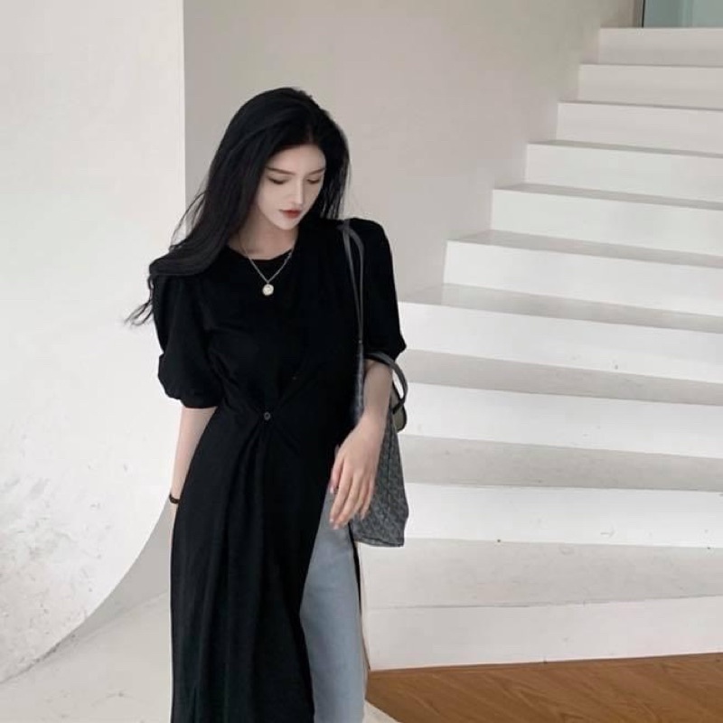 Áo thun form dài thiết kế cách điệu tay ngắn phồng suông xẻ tà trơn - Order taobao quảng châu