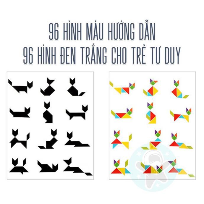 Đồ chơi trí tuệ cho bé Xếp hình gỗ Tangram nam châm có kèm sách, đồ chơi gỗ thông minh montessori
