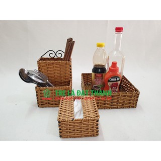 Khay đũa thìa nhựa giả mây tre đan - Khay gia vị và hộp giấy rút tiện lợi