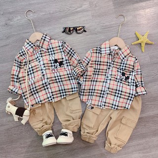 Bộ mickey kẻ caro quần túi hộp cho bé trai