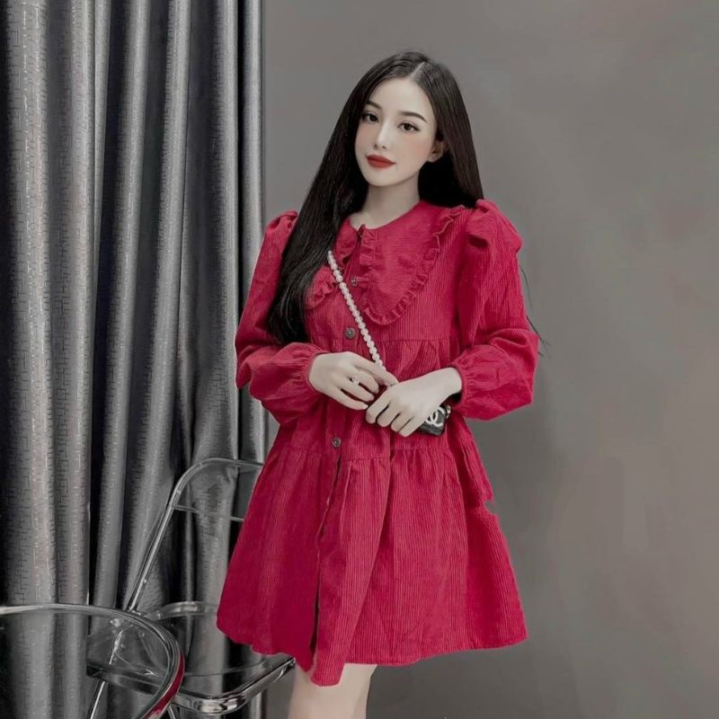 Váy Đầm Babydoll Cổ Bèo Tay Dài Tiểu Thư Chất Nhung Tăm