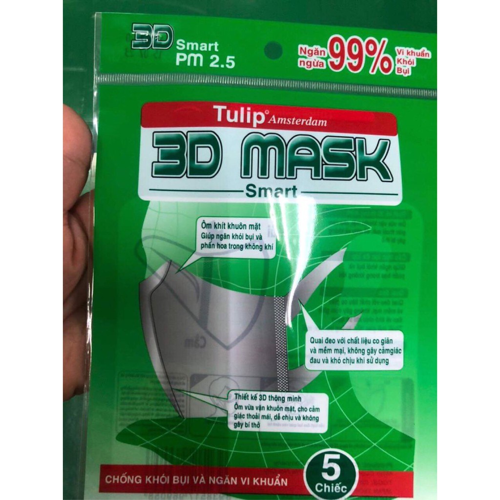 Khẩu trang người lớn TULIPS 3D MASK SMART ngăn ngừa khói bụi vi khuẩn thiết kế thời trang túi 5 chiếc