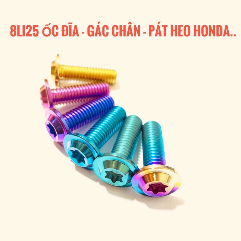Ốc titan 8li25 đầu dù mỏng gắn đĩa gác chân và pát heo honda
