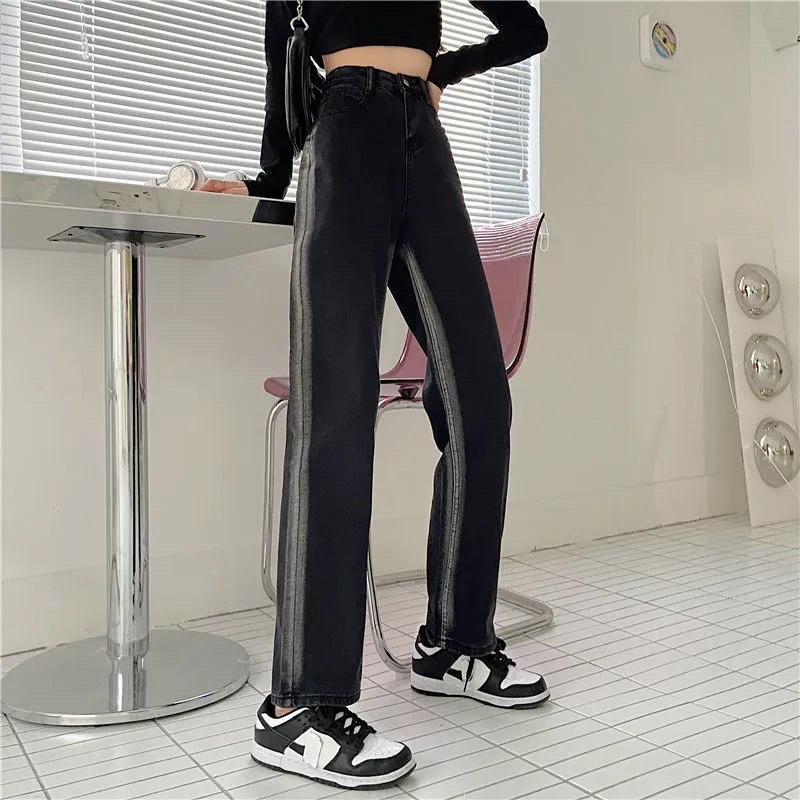 Quần Jeans Nữ Màu Đen Phối Light Sọc Cạp Cap Ống Suông Cá Tính Chất Jean Dày Dặn Loại 1 Dễ Mix Đồ Mặc Hàng Ngày