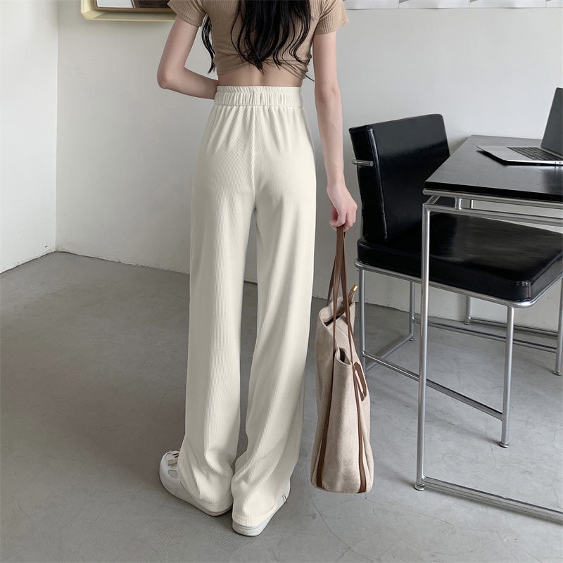 Quần Dài Ống Rộng Vải Lụa Lạnh Co Giãn Màu Đen Thời Trang Mùa Hè 2022 Cho Nữ