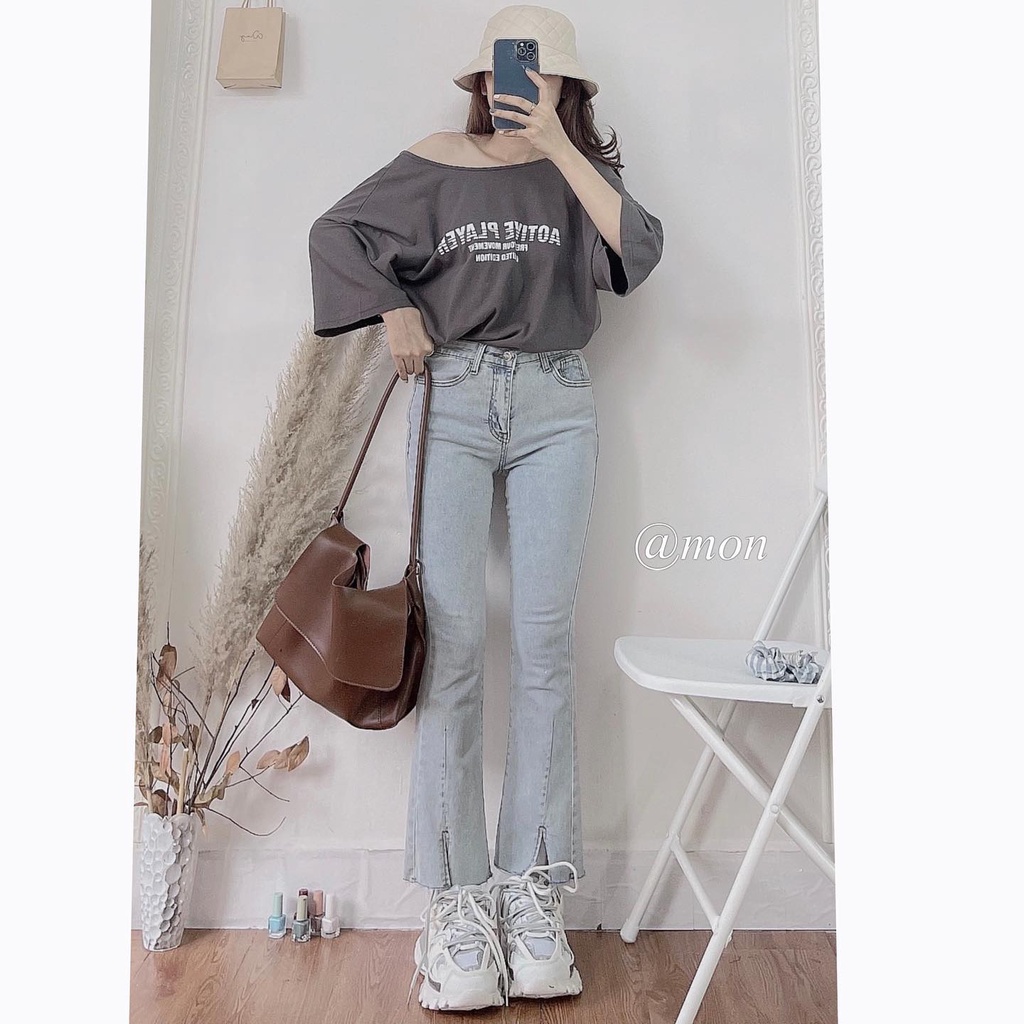 2101446 Quần jeans nữ ulzzang - quần loe nhẹ có giãn chất jeans mềm màu xanh nhạt có size