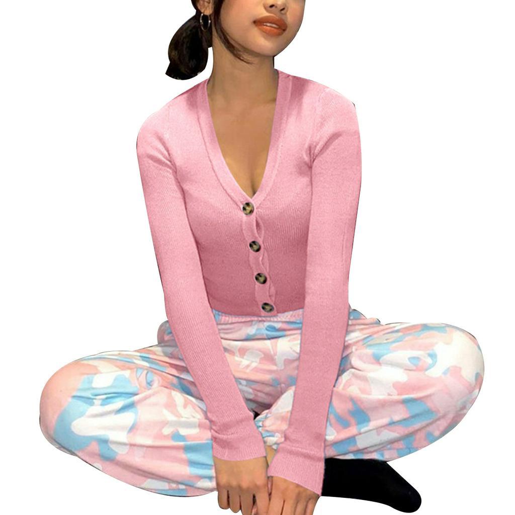 Áo Croptop Tay Dài Phối Nút Màu Trơn Thiết Kế Hợp Thời Trang