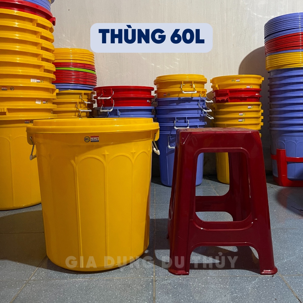 Thùng nhựa tròn có nắp 60L Việt Thành, đường kính 47,5cm-cao 48cm, đựng nước đựng gạo, nhựa PP chính phẩm bền chắc