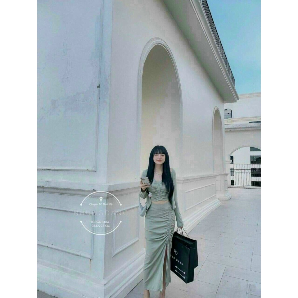 Set đầm rút dây kèm áo khoác chất tăm gân siêu đẹp