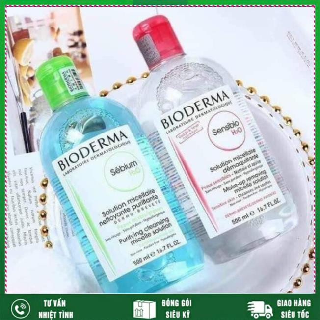 Nước Tẩy Trang Bioderma Pháp H2O 500ml xanh - hồng chính hãng chuẩn(Nắp Nhấn)