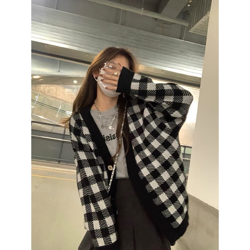 Áo cardigan kẻ caro MEE.Unii len dài tay dáng rộng, áo khoác len cardigan len kẻ ô form rộng dài tay dày dặn màu nâu đen
