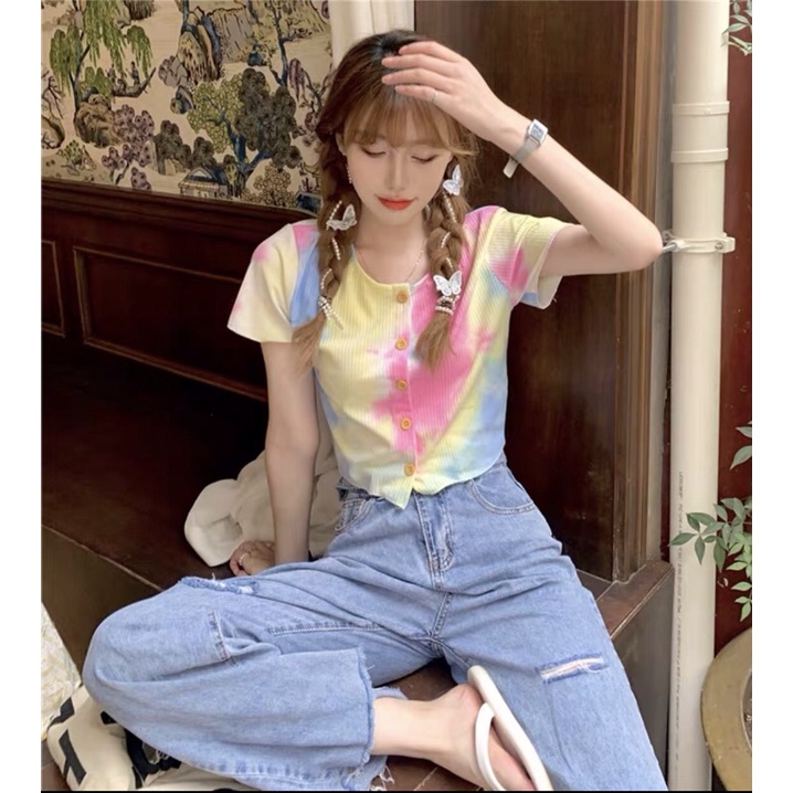 áo tăm khuy cài dáng croptop màu loang hot hit (6379#)