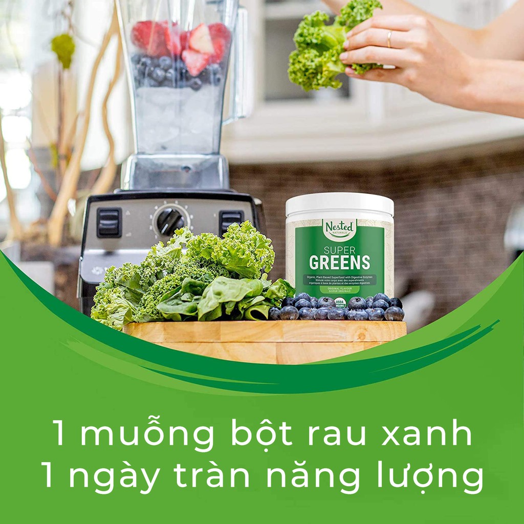 Bột siêu thực phẩm xanh NESTED SUPERGREEN 20+ thành phần tự nhiên (Spirulina, bột cỏ lúa mì), Probiotics, Xơ & Enzyme