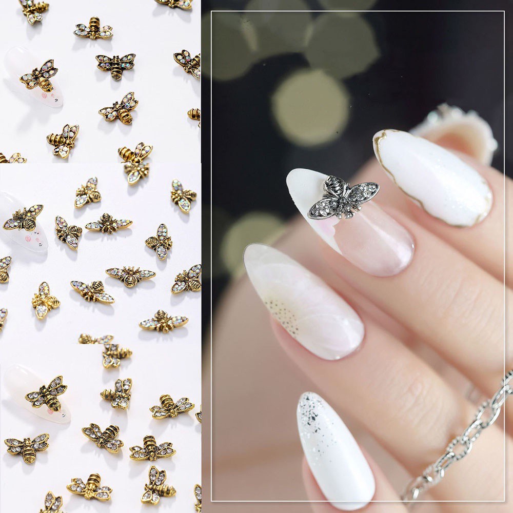 NEEDWAY Girls Bees Nail|Japanese Manicure accessories DIY Nail Art Decorations Women 10Pcs/set Alloy Retro Nail Jewelry 3D Nail sticker drills
