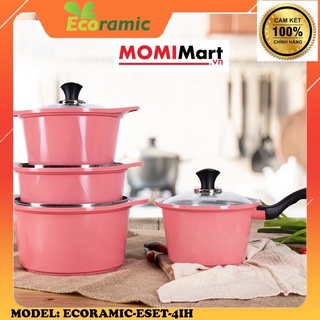 BỘ 4 NỒI ECORAMIC ĐÚC NGUYÊN KHỐI Hàn Quốc. Nồi 1 tay cầm 18cm, Nồi 2 tay cầm 20-22-24cm