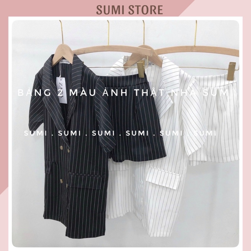 Set áo Blazer cọc tay kèm quần short kẻ 2 màu đen/ trắng  phong cách Hàn Quốc , bộ quần áo vest dáng rộng | BigBuy360 - bigbuy360.vn