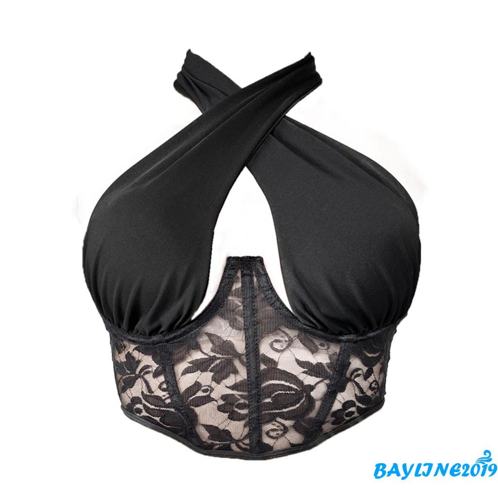 BAY-Female Camisole, Lace Floral Halter Neck Strappy Vest Sleeveless Crop Tops for Summer, Black, S/M/L