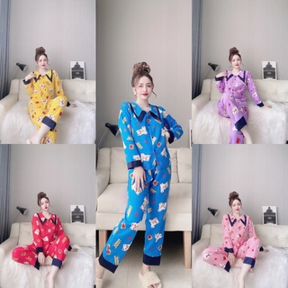 Set bộ Pijama tay dài quần dài lụa hàn cổ tròn nhọn họa tiết gấu dễ thương , Đồ mặc nhà tay dài quần dài lụa hàn from từ