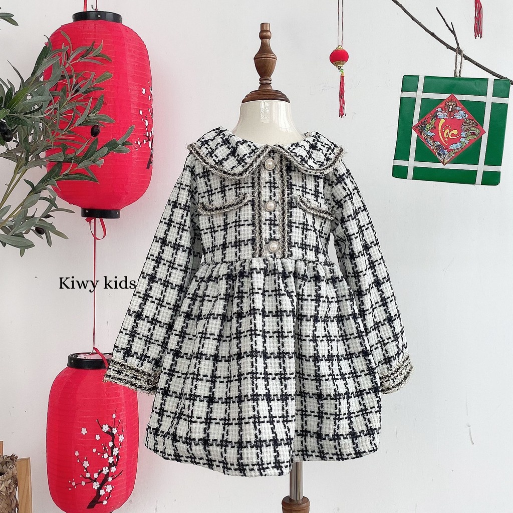 Váy dạ Tweed dáng xòe điệu đà KIWY KIDS68 lót lông mềm mịn cho bé gái từ 1 đến 7 tuổi