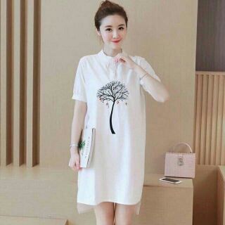 Đầm suông cổ sơmi in hình cây